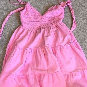Pink Tiered Mini Dress with Crochet Bodice